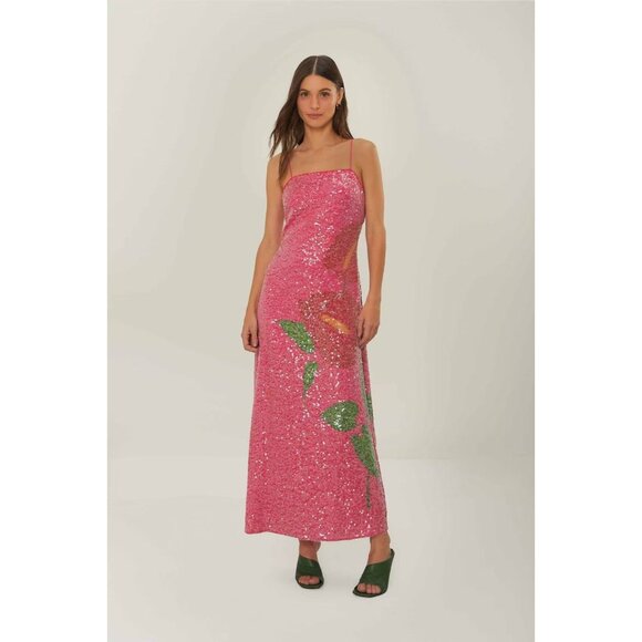 $450 NWT Farm Rio Pink Sequins Anthurium Flowers Slip Maxi Dress Size L - Picture 2 of 15